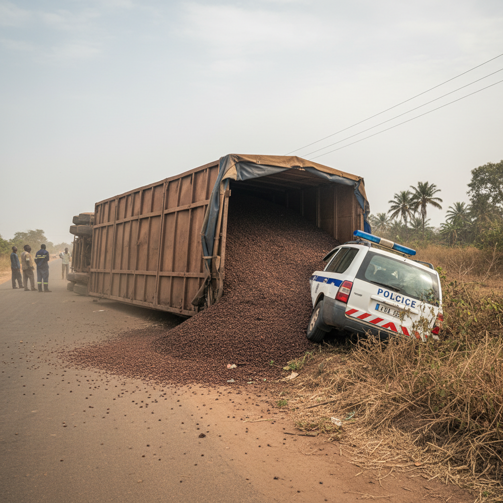 Cocoa truck falls on police vehicle at Gomoa Akotsi