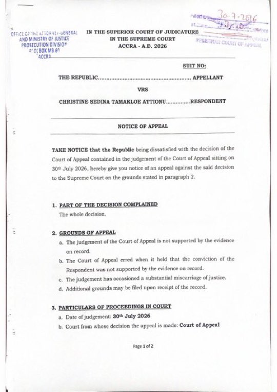 AG Challenges Appeal Court Ruling on Sedina Tamakloe Acquittal at Supreme Court