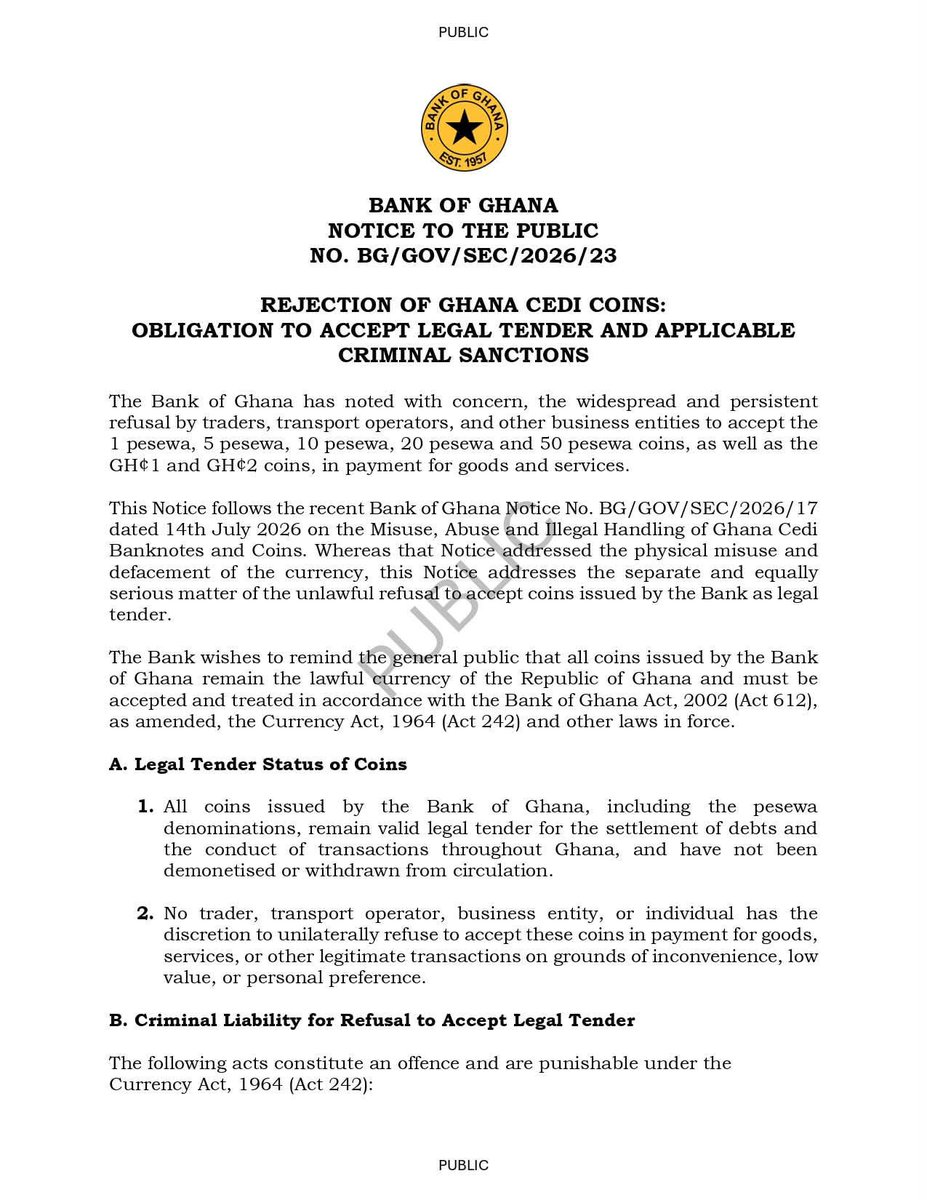 Bank of Ghana Warns Businesses: Refusing Coins is Criminal Offence