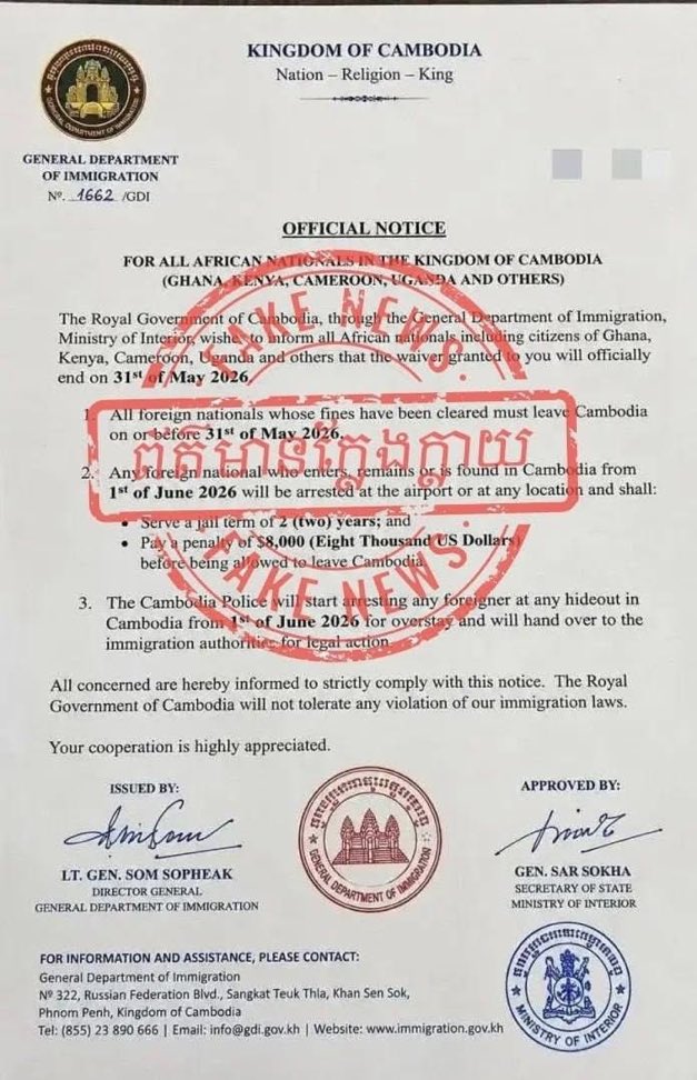 Cambodia Denies Fake News: Ghanaians Not Facing Arrest