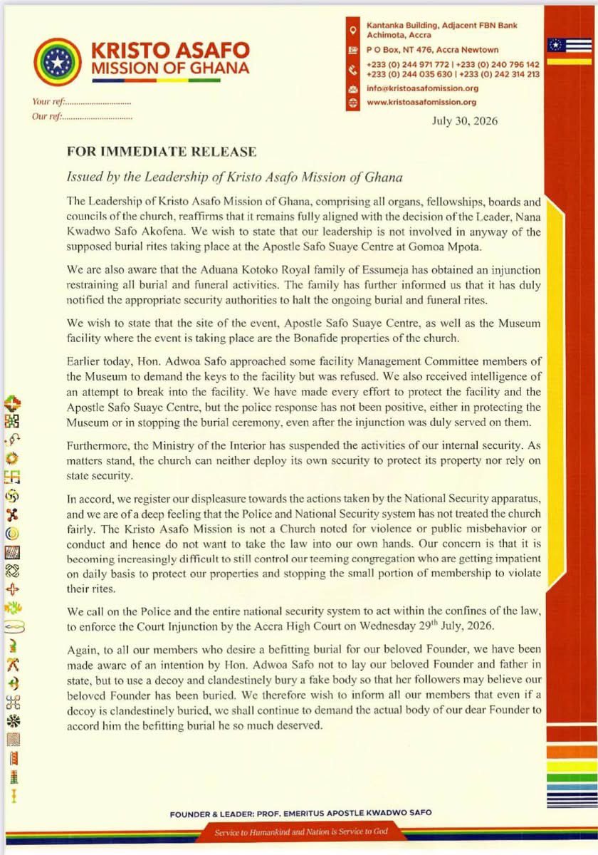 Church Denies Involvement in Apostle Safo's Gomoa Mpota Burial Amidst Court Order