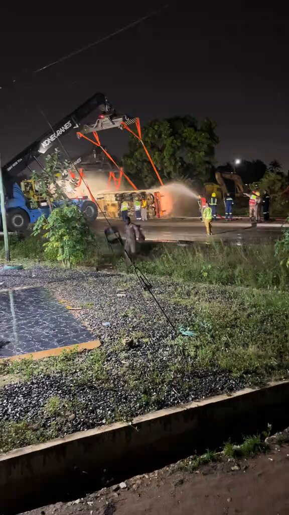 Fuel Tanker Overturns on Tema Harbour Road After Pothole Incident