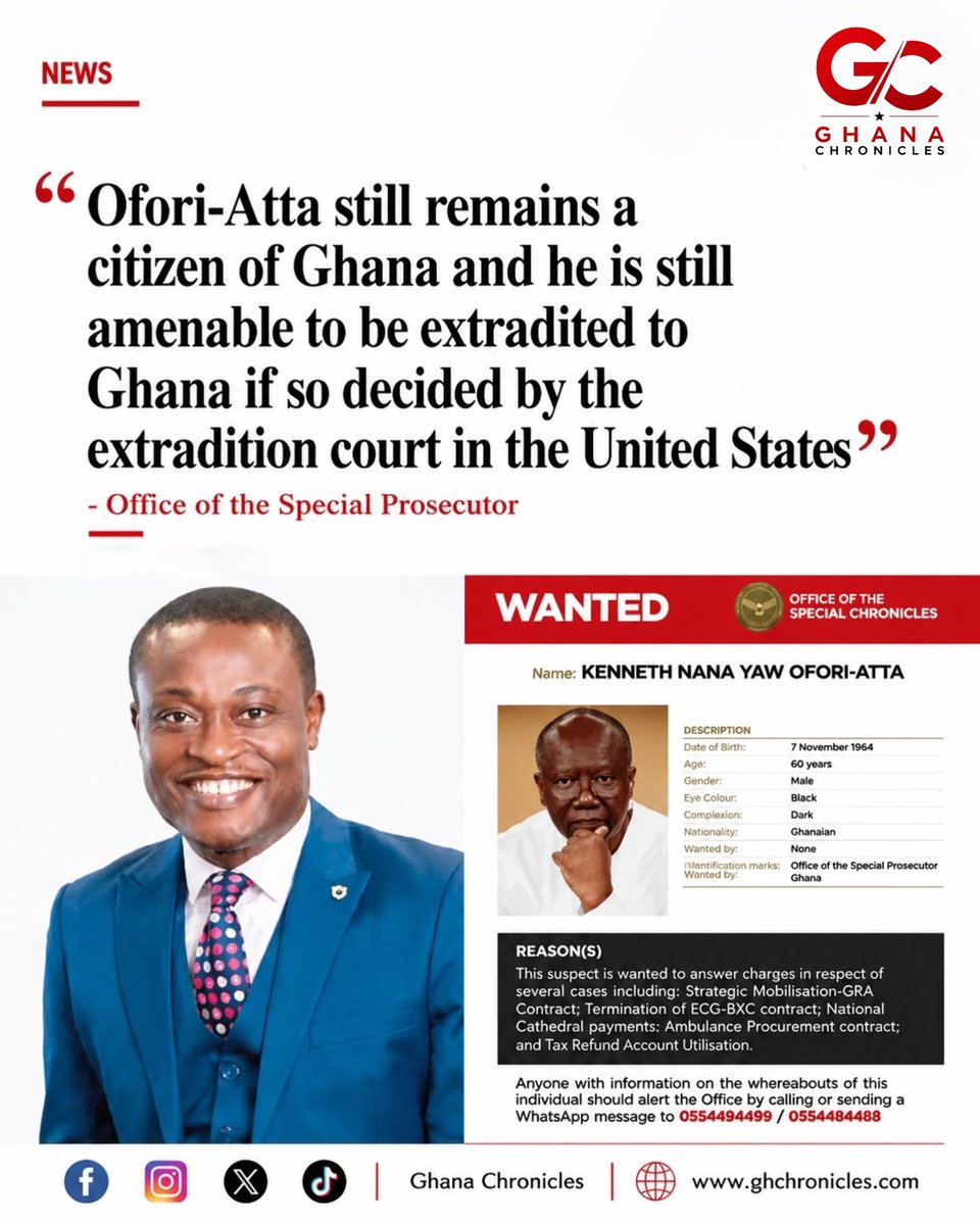 Ghanaian Citizen Ofori-Atta Amenable to Extradition from US, Says OSP