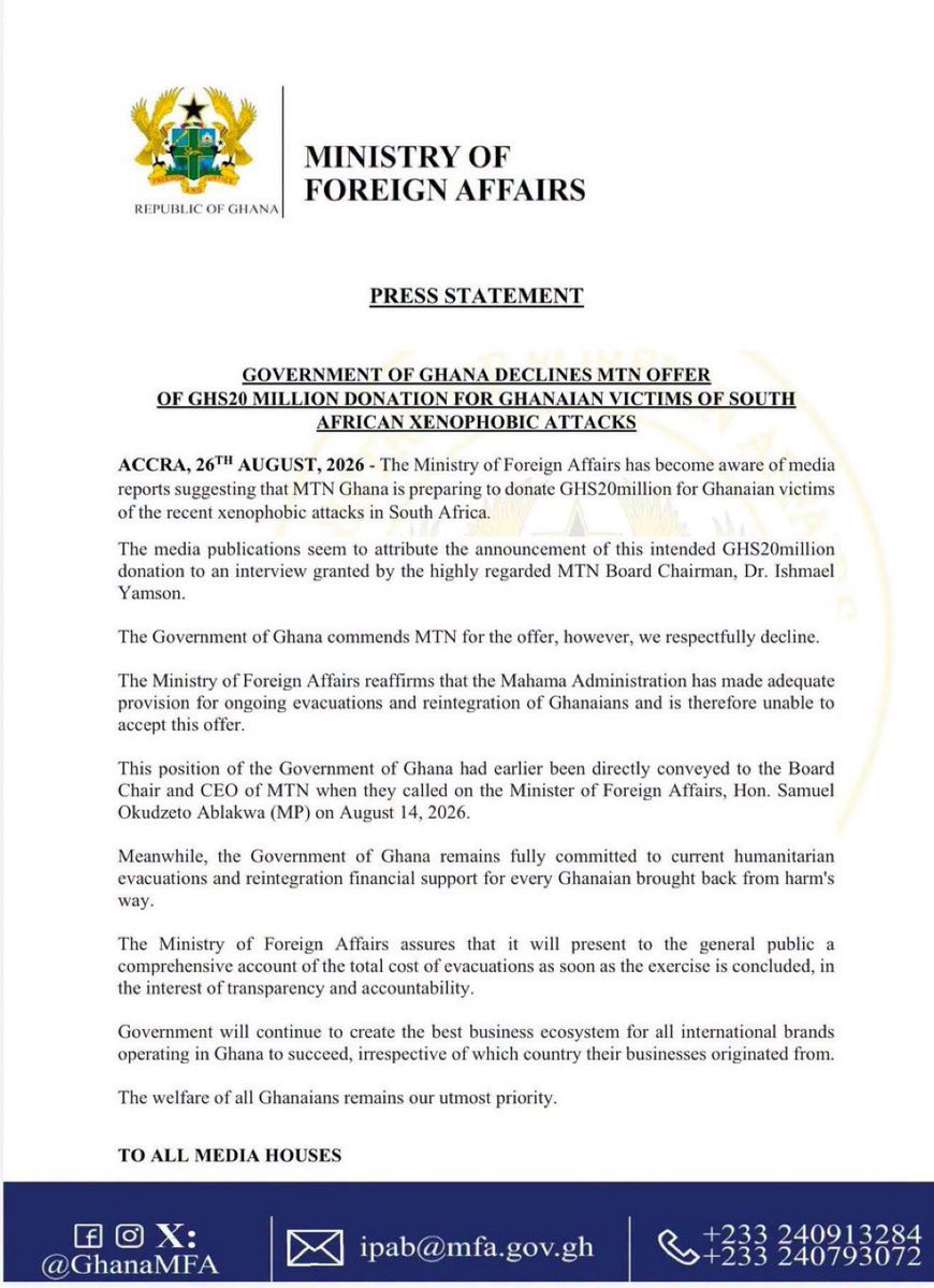 Govt Declines MTN's GH¢20M Donation for SA Xenophobia Victims