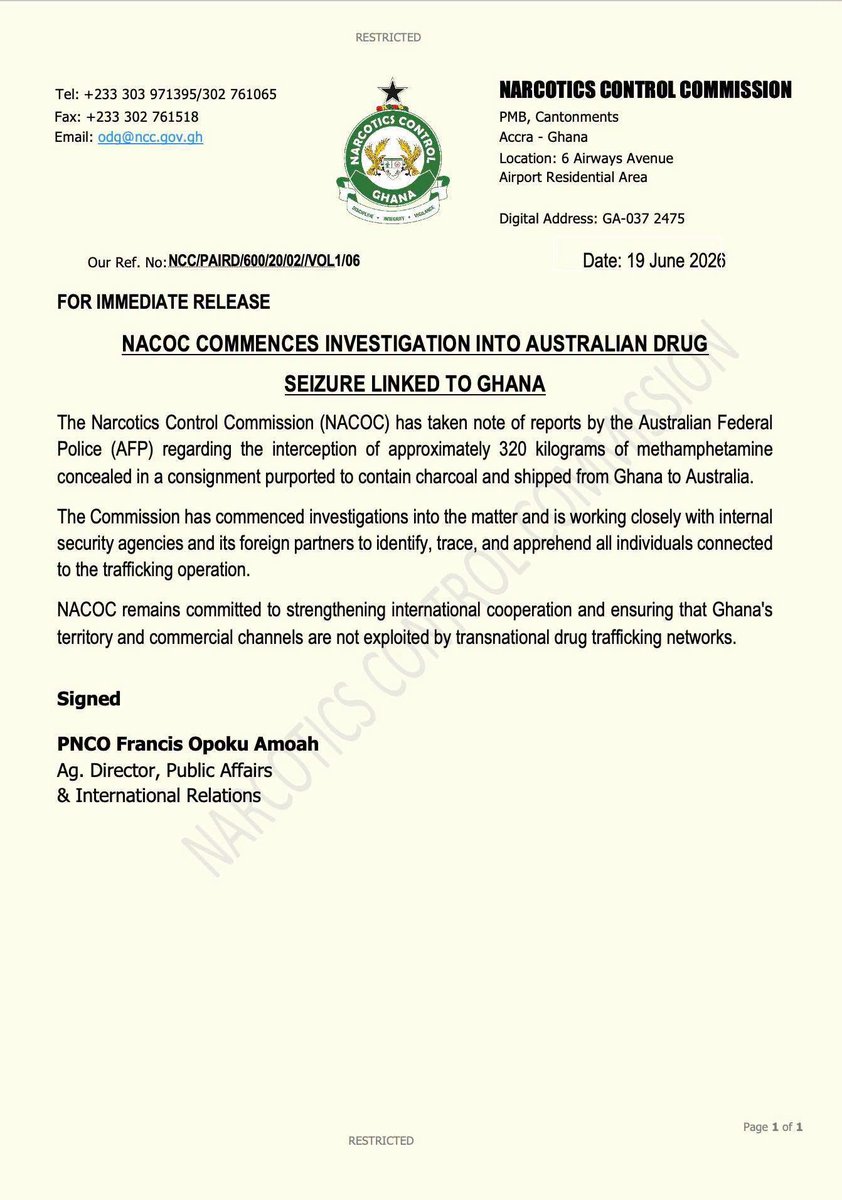 NACOC Probes 320kg Meth Bust in Australia Linked to Ghana