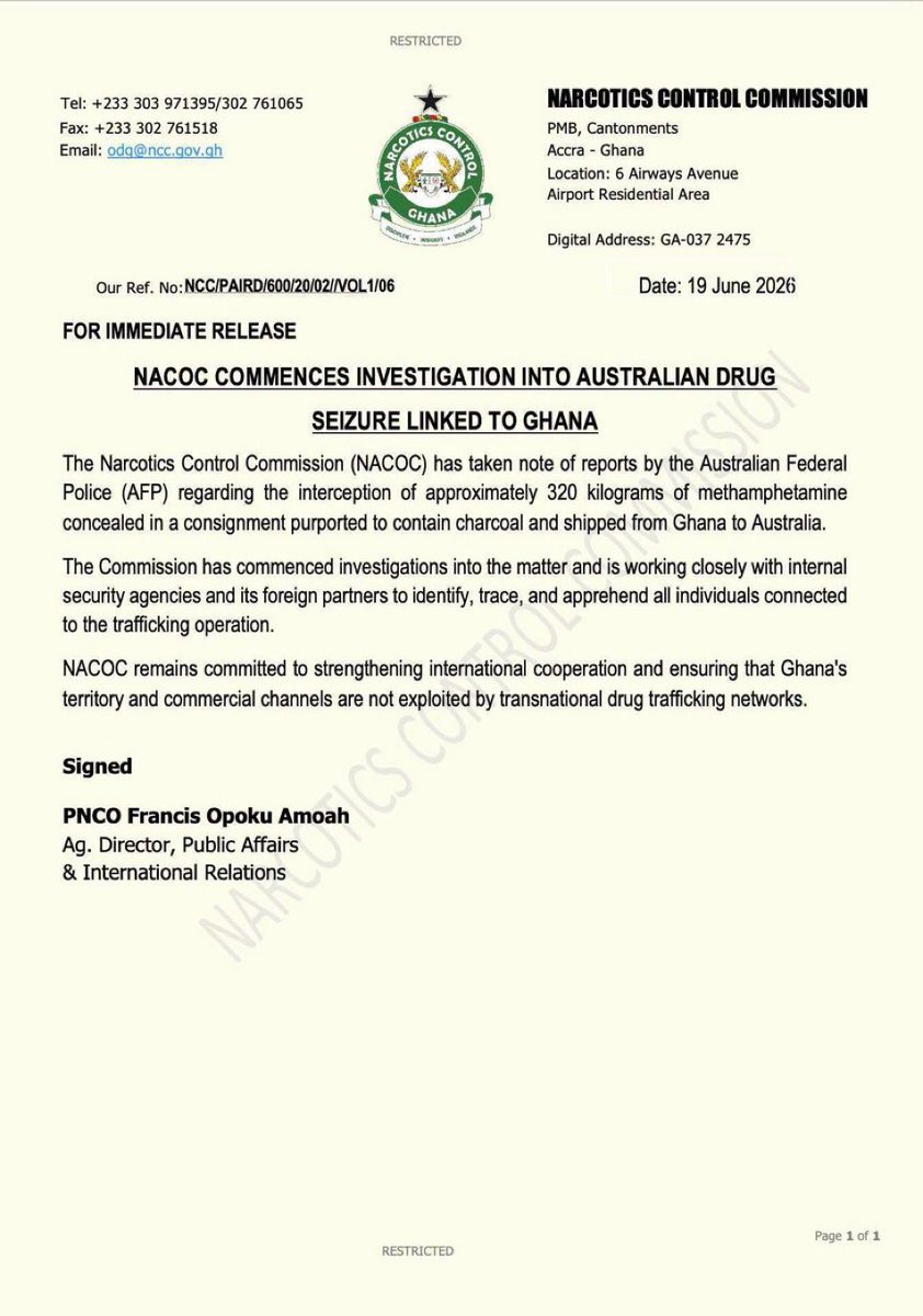 Narcotics Commission Probes Australian Drug Seizure Linked to Ghana