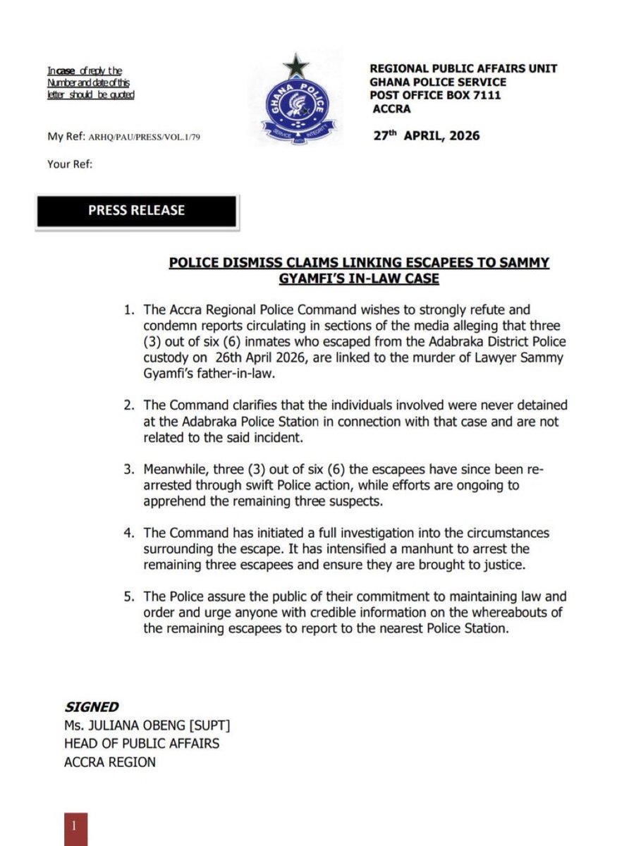 Police Deny Escapees Linked to Sammy Gyamfi's In-Law Case