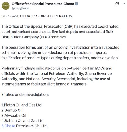 Special Prosecutor Raids 5 Fuel Depots for Import Fraud, Tax Evasion in Ghana